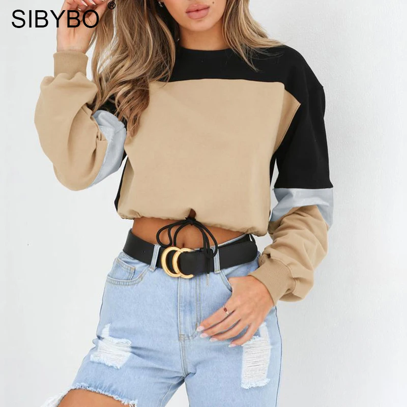 Goede Sibybo Kleuren Patchwork Katoen Vrouwen Hoodies Sweatshirts Herfst Lange Mouwen Koord Trui Crop Top Toevallige Sweater Vrouwen