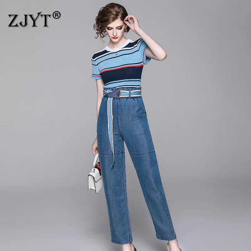 

New Summer Autumn Women Pants 2Piece Set Fashion Designer Striped Knit Top and High Waist Jeans Trousers Suit Set Office Outfits