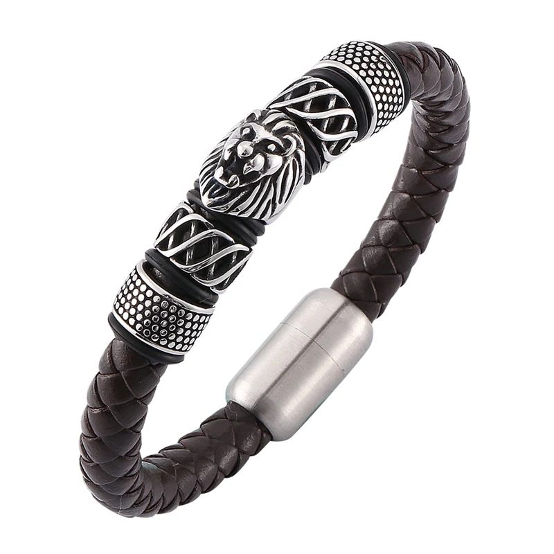 

Punk Jewelry for Men Brown Braided Leather Lion Bracelet Charm Stainless Steel Magnetic Clasp Cool Man Bracelets Bangles SP0137