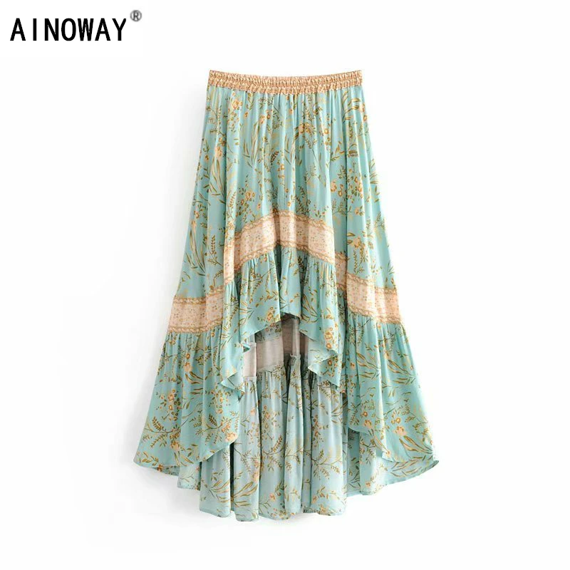 

Vintage Chic fashion women beach Bohemian floral print irregular hem rayon skirt High Waist Maxi A-Line Boho Skirt Femme