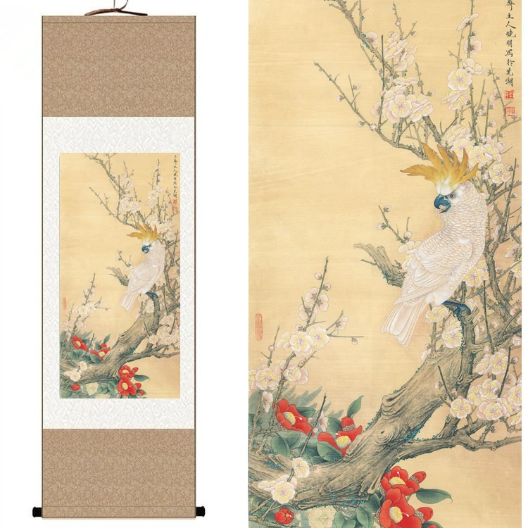 

Chinese Silk watercolor flower and birds ink Plum blossom parrot Azalea art canvas wall picture feng shui framed scroll painting