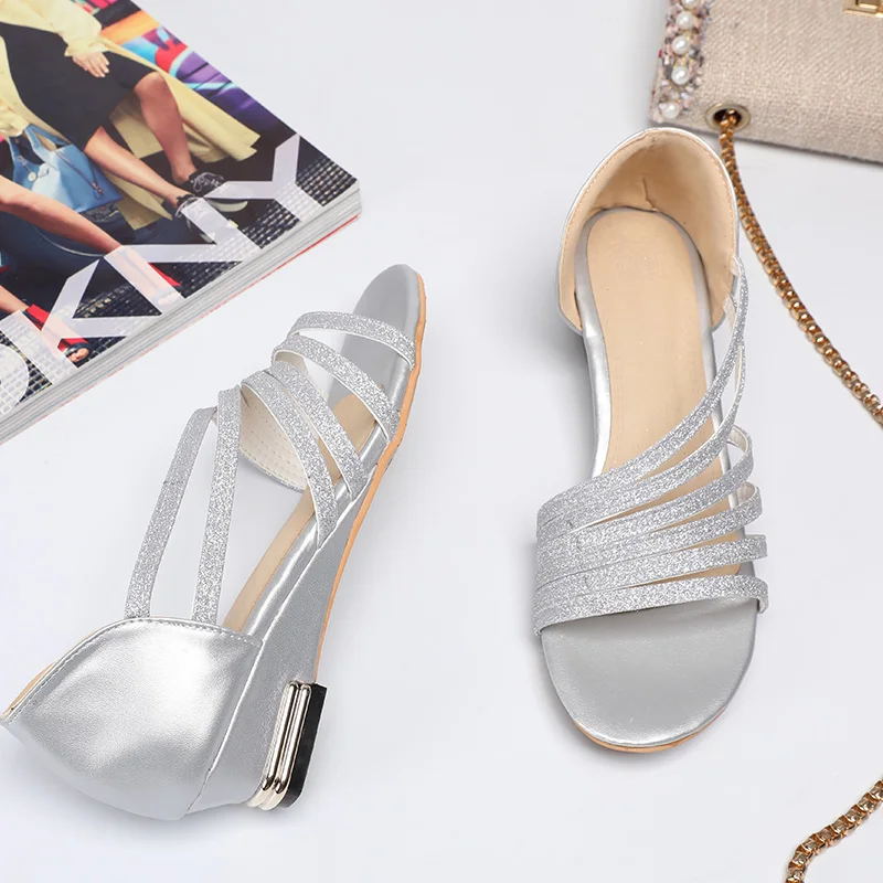 

WETKISS Sequined Sandals Women Wedges Med Heels Sandals Woman Wedges Shoes Female Strappy Bling Shoes Girl Ladies Plus Size 48