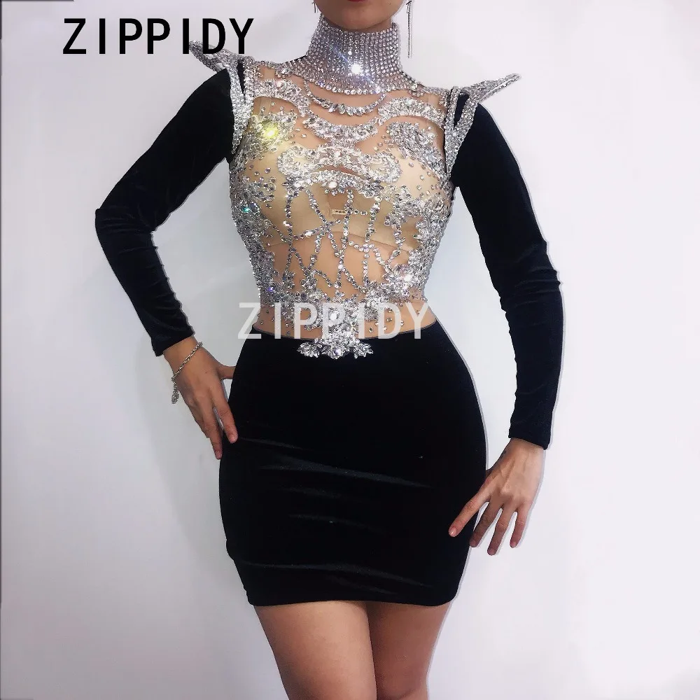 

Glisten Silver Rhinestones Slim Dress Sexy Big Stones Stretch Outfit Female Singer DS Show Women's Birthday Nightclub Stage Wear