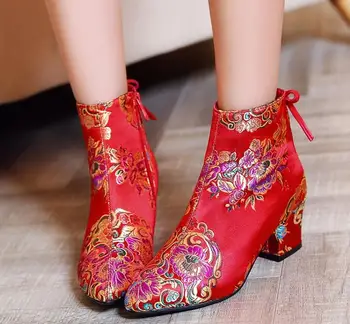 

Ankle Boots Embroider Women National High Heels Zip Silk Woman Shoes Wedding Zapatos Mujer Lady Booties Sapato Feminino XZ181262