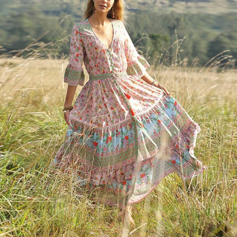 Женское платье, летнее, модное, плиссированное, Boho, вечерние, большие размеры, цветочные кнопки с рисунками, макси, v-образный вырез, ретро - Цвет: Pink