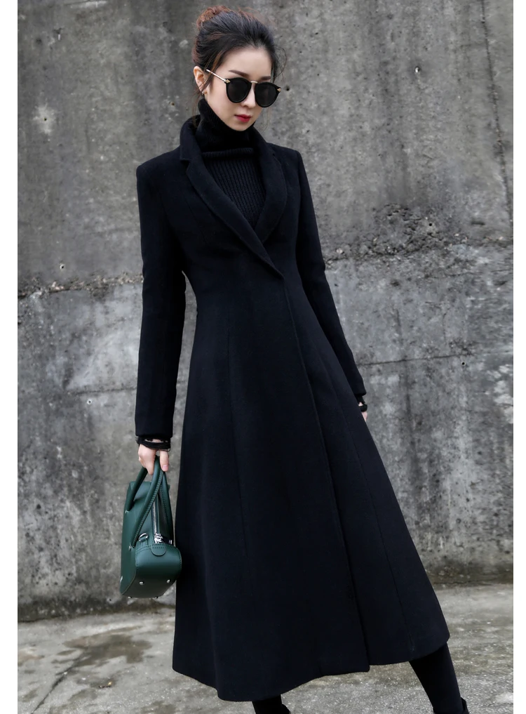 Женское шерстяное пальто с отложным воротником, тонкое, X-Long, черное, модное, дикое