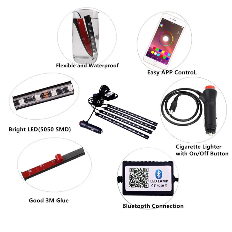 4 шт. 48 LED Bluetooth App контроллер интерьерные огни RGBColor музыка Автомобильная полоса