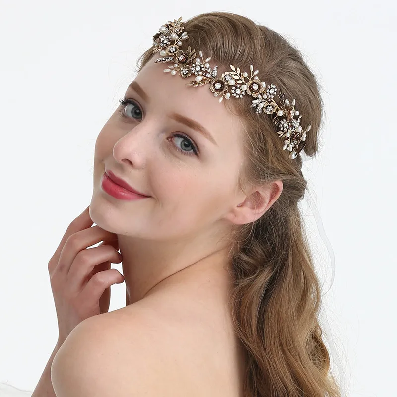 

Vintage Baroque Forehead Jewelry Pearl Rhinestone Antique Gold Headband Crystal Wedding Hair Accessories Tiara Bridal Headpiece