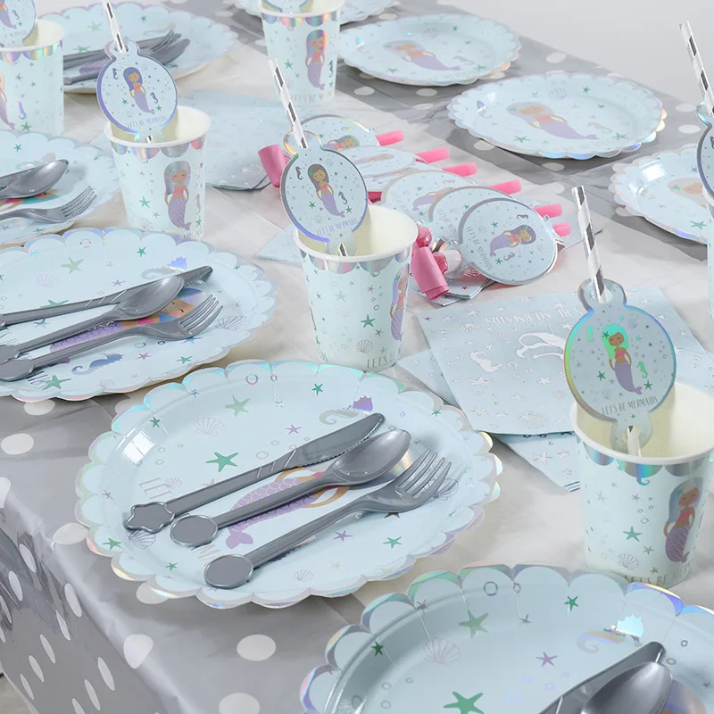 

Shining Silver Mermaid Party Tableware Plates Cups Forks Napkins flag for Happy Birthday Party Supplies&Decor party favors