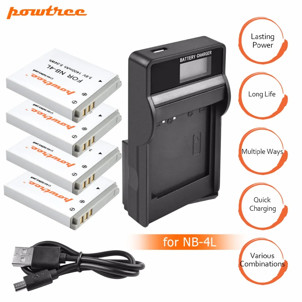 

4Pcs 1400mAh NB-4L NB 4L NB4L Batteries+LCD USB Charger for Canon IXUS 60 65 80 75 100 I20 110 115 120 130 IS 117 220 225 L20