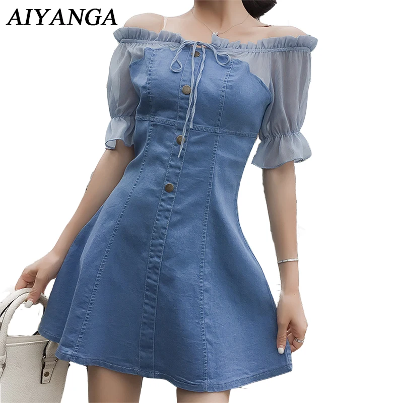

New Summer Women Sexy Denim Dress 2018 Patchwork Chiffon Slash Neck Off Shoulder Dresses Slim High Waist A-line Dress Jeans