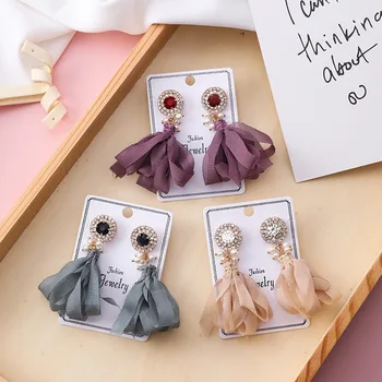 

12pairs/lot Korea fashion tassel crystal pendant earrings long manual cloth art fasten sweet earrings