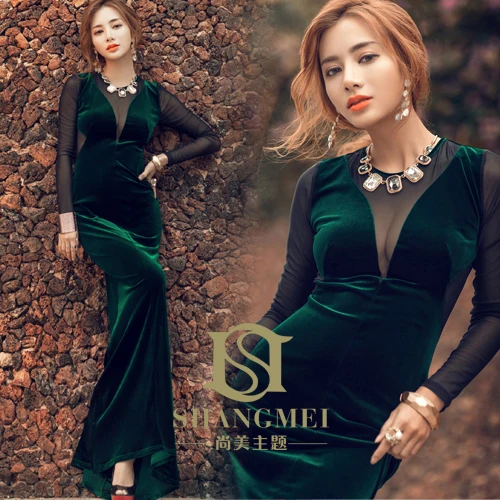 

Buy Dress Get Necklace~ New Winter Arrival Temperament Elegant Backless Velour Splice Dark Green Evening Dress/Winter Dress 922