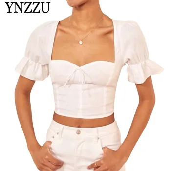 

YNNZU 2019 Summer chic 100% cotton vintage white short sleeve tops Square collar short elastic blouse Sexy holiday blouse YT597