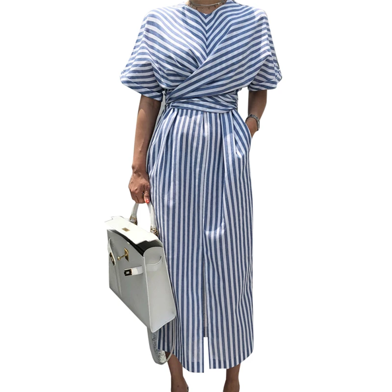 

EFINNY Women Summer Fashion Short Sleeve Long Dress Concise Striped Dress New