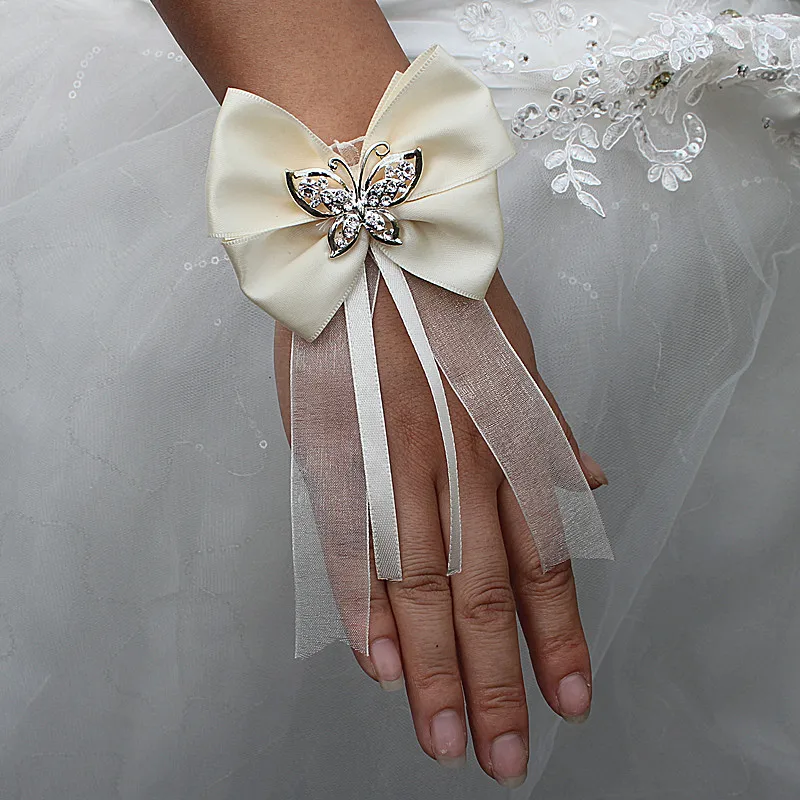 Wifelai- дизайн, 2 шт./лот, шелковый галстук-бабочка цвета слоновой кости с кристаллами, цветы на запястье, лента для невесты, Свадебный корсаж, цветы для рук