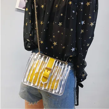 

2019 New Women Messenger Striped Crossbody Bag Chains Candy Color Jelly Shoulder Bag 2Pcs Transparent Clear Handbag for Women