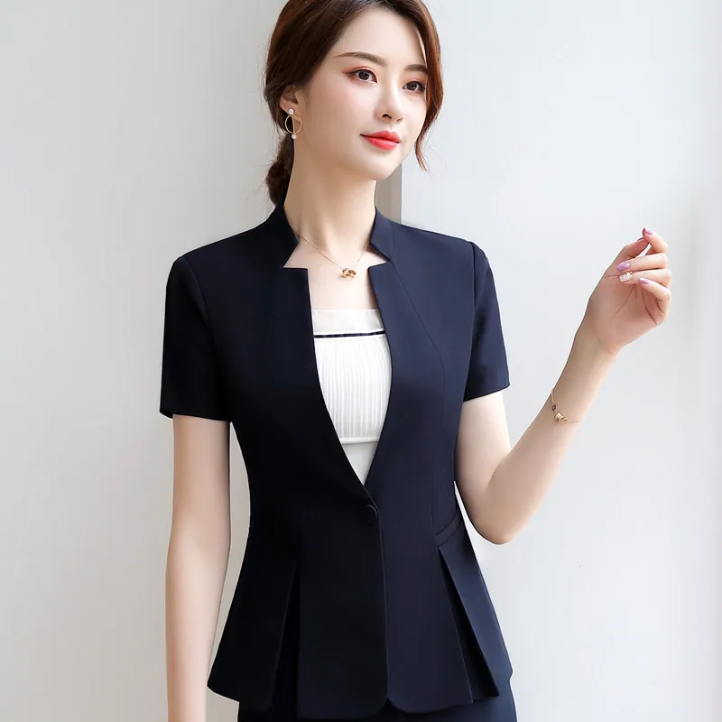 New fashion blazer women professional formal short sleeve slim jacket office ladies business work wear coat - Цвет: Navy blue blazer