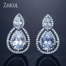 ZAKOL, высокое качество, красная и белая груша, форма AAA, кубический циркон, белый цвет, серьги-гвоздики для женщин, свадебные ювелирные изделия FSEP043