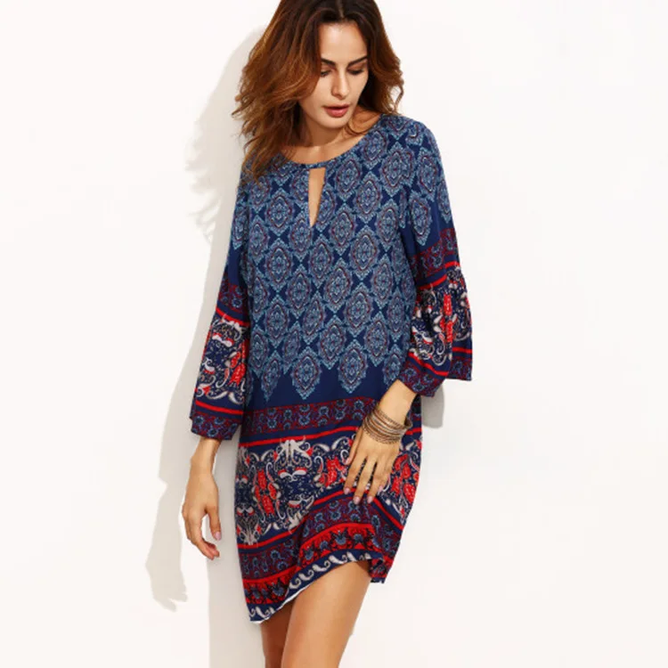 

New 2019 summer Europe and America Retro printing round collar vestidos Seven points sleeve dress women 20604