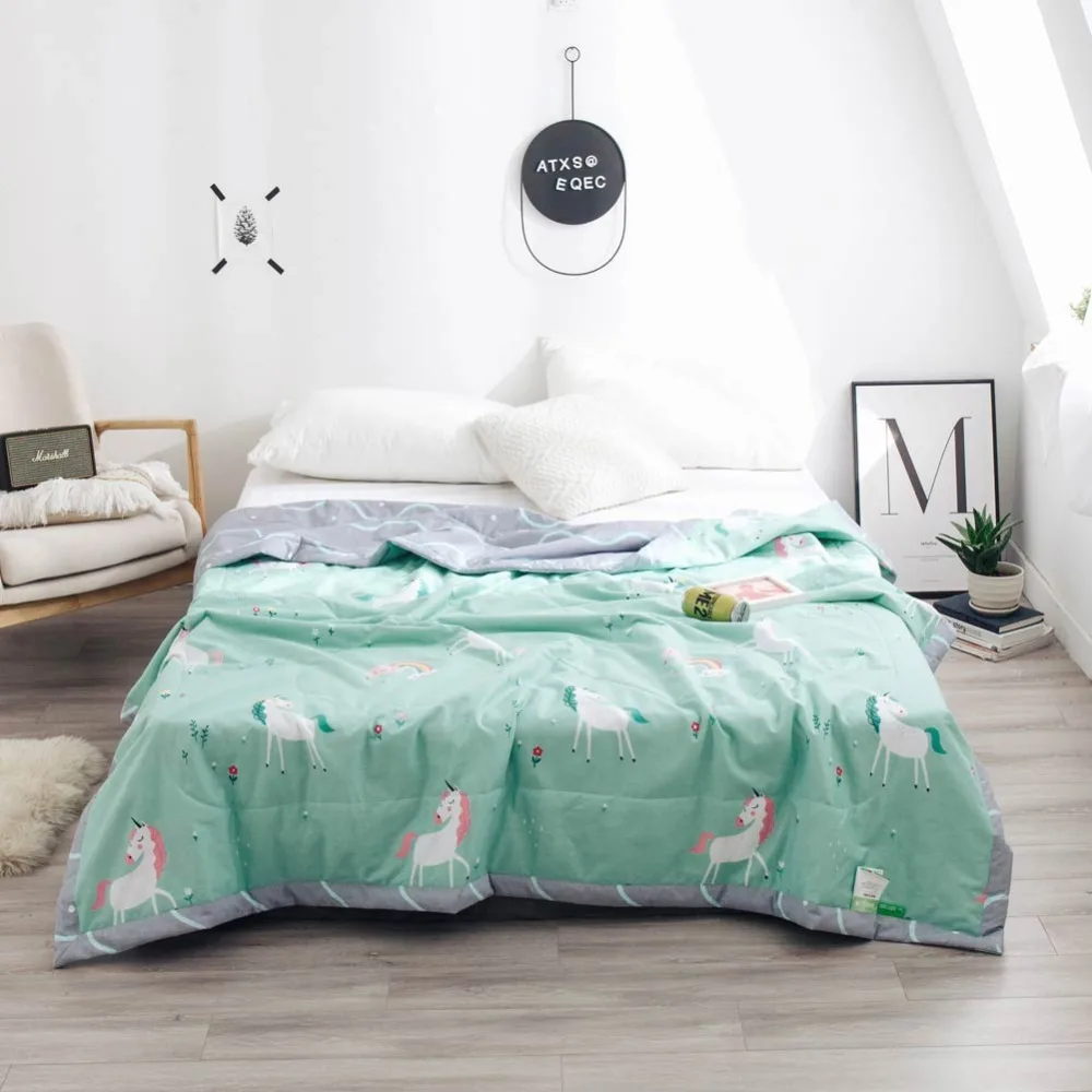 

2019 Green Unicorn Rainbow Thin Summer Quilt Air-condition Stitching Comforter Cotton Fabric Polyester Twin Full Queen Size