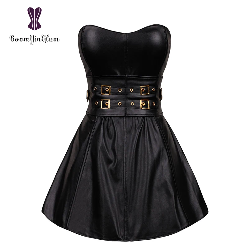 Black Gothic Punk Women's Long Torso Boned Corset Bustier Leather Clubwear Dress Zip Back 9003#