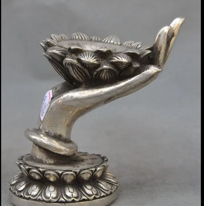 

wang67111630+++5" old chinese silver buddha hand lotus flower statue Candlestick Candle holders