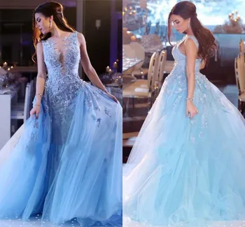 

Blue Muslim Evening Dresses Ball Gown Tulle Lace Plus Size Elegant Islamic Dubai Saudi Arabic Long Evening Gown Prom