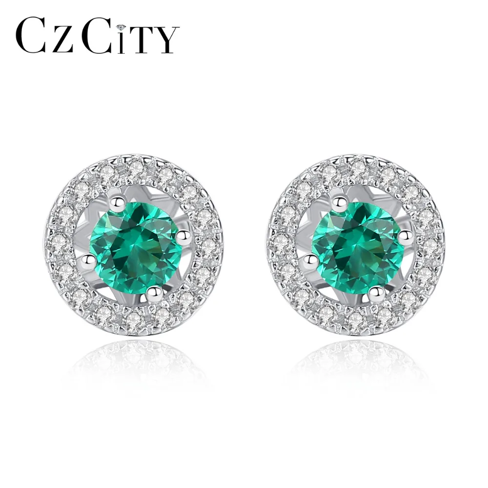 Orecchini a bottone in vero argento sterling di forma rotonda per donna, scintillante pietra preziosa verde rosso blu fine_voghion.com