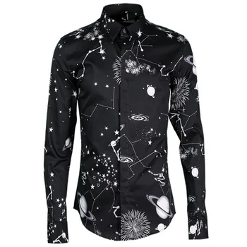 

Black Printed Luxury Men Shirt Fashion Classic Constellation Allover Print Dress Shirts Men Long Sleeve Mens Shirts Casual Slim