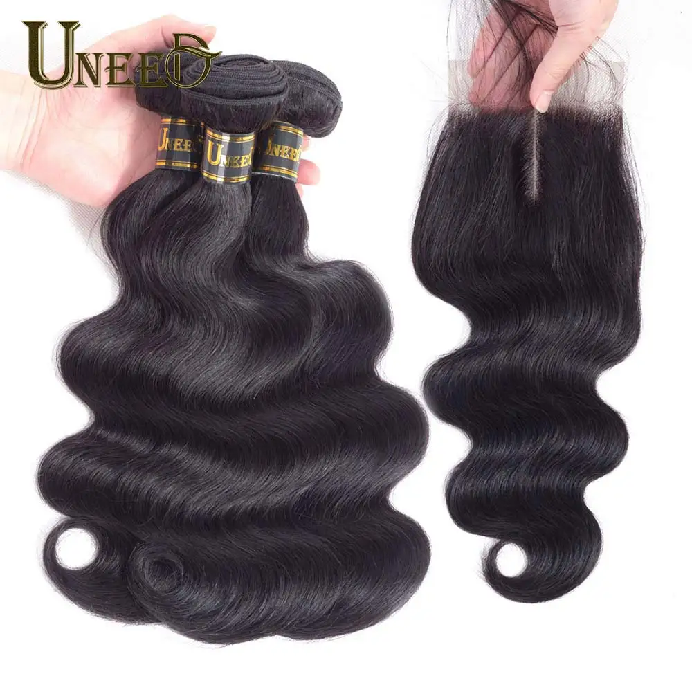 Uneed Hair Brazilian Body Wave 3 Bundles With Lace Closure 4*4 100% Human Hair Weave Bundles With Closure Remy Hair Extensions