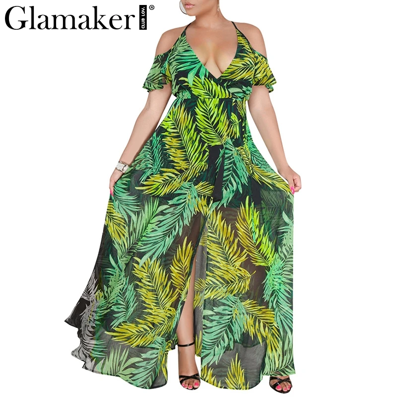 Glamaker Boho leaf print cold shoulder beach dress Women strap chiffon