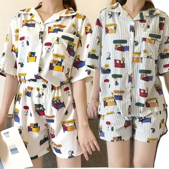 

2019 summer women pajamas suit cute comic cartoon short-sleeved shirt + shorts 2 pcs cotton pajamas set home clothing printing
