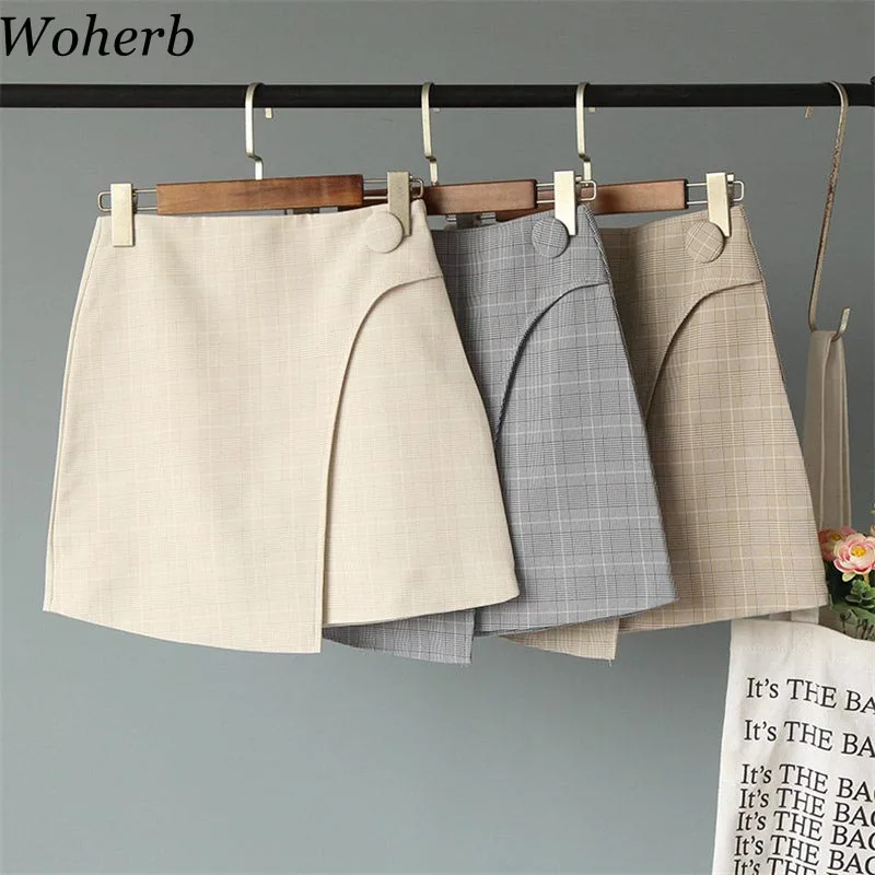 Woherb, Корейская мини-юбка, женские винтажные клетчатые юбки, асимметричный карандаш, юбка, Saia, летняя уличная одежда, Jupe Femme 20950