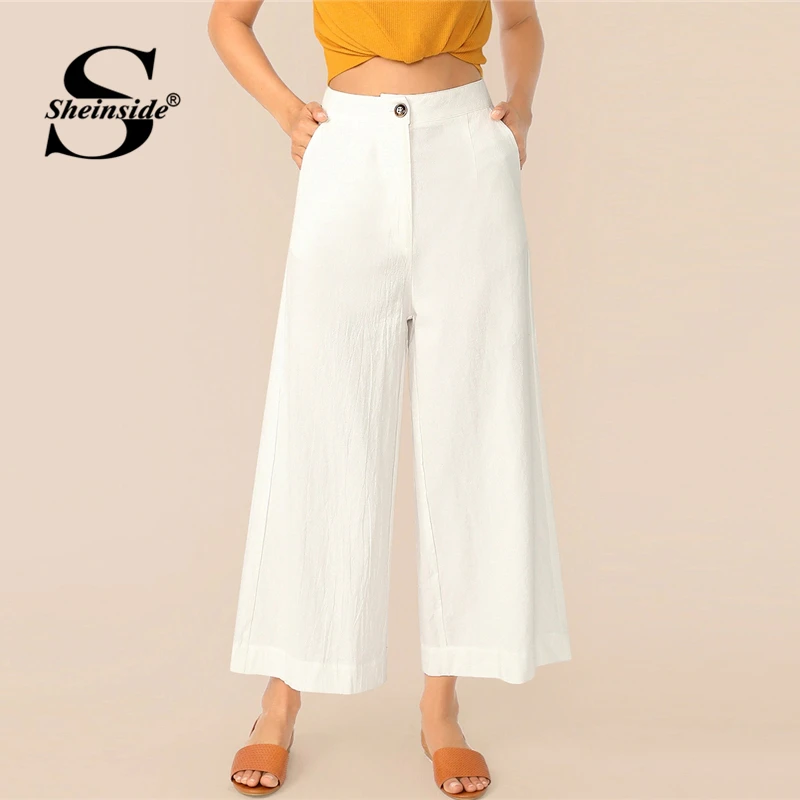 

Sheinside White Casual Button Up Wide Leg Pants Women 2019 Summer Mid Waist Crop Trousers Office Ladies Solid Minimalist Pants