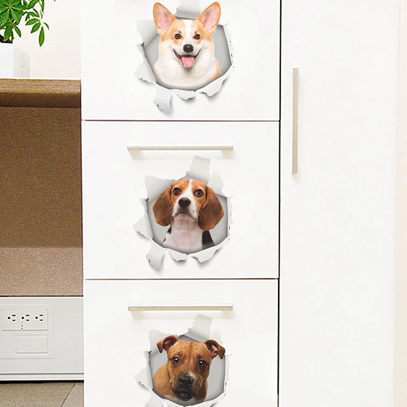 3D effect Hole View Dogs Cats Wall Stickers For Toilet Bathrooms Decoration Kitchen Decor Wall Refrigerator Mural Art Decals