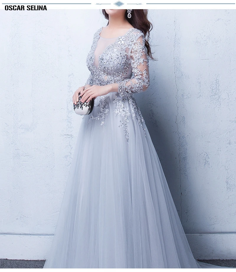 Vestido madrinha2019 новое из кружева с вырезом на шее длинным рукавом A Line серебряное