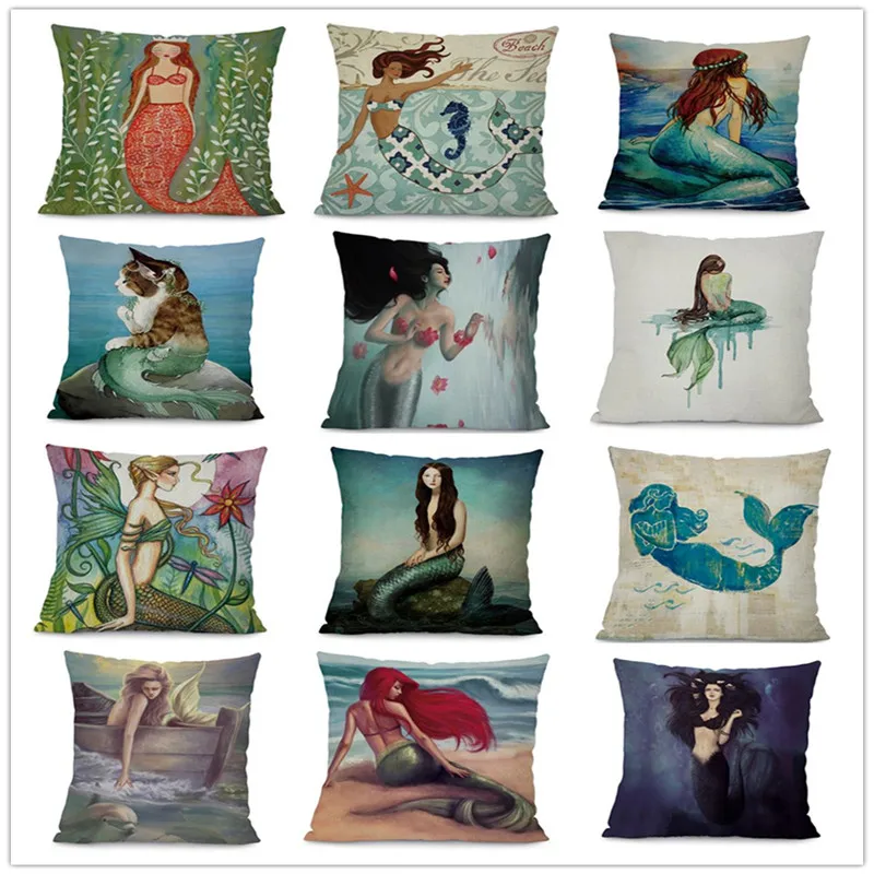 

Marine Style Mermaid Painting Pattern Coffee House Chair Waist Decorative Cushion Cover Bedroom Throw Pillowcase 18"