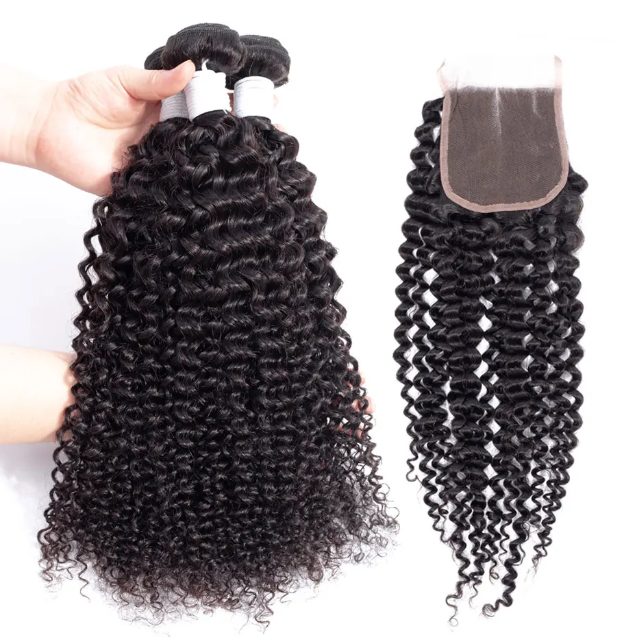 

Peruvian Hair Weave 100% Human Hair Kinky Curly 3 Bundles With Closure Pure Remy Hair Extensions Natural Color 8-28 Inches