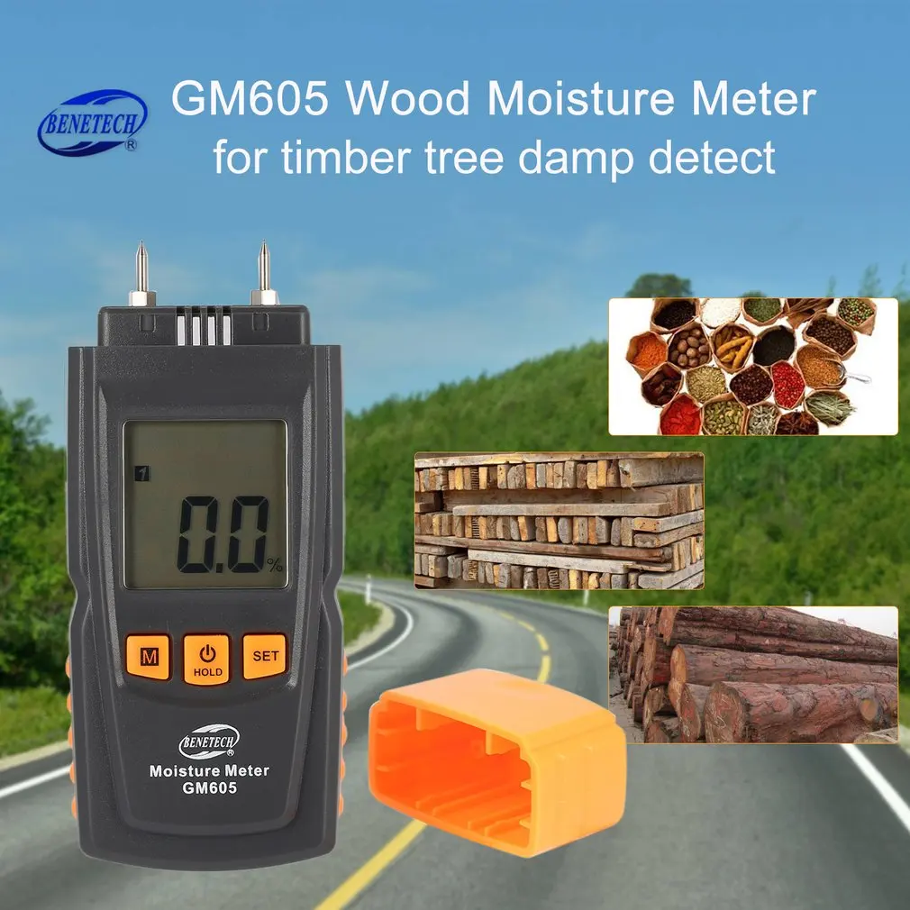 BENETECH GM605 цифровой ЖК-дисплей измеритель влажности древесины тестер влажности древесины бумага дерево влажной детектор 2 булавки гигрометр