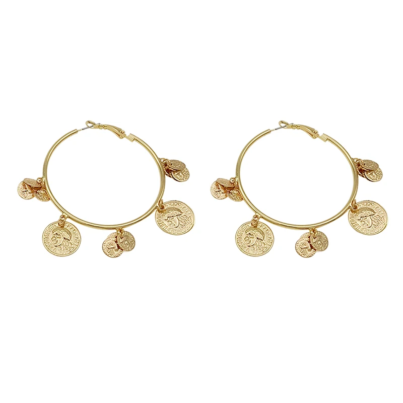 

2019 New Bohemian Gold Color Alloy Coin Conch Mussels Shell Charm Big Hoop Earrings For Women Lady's Traveling Boho Jewelry
