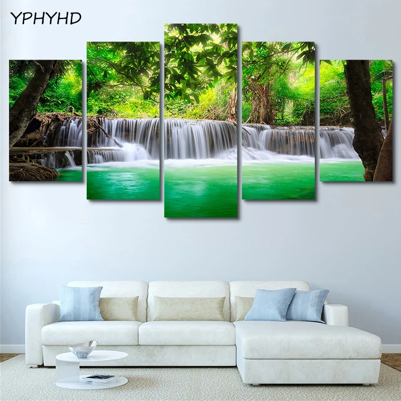 

YPHYHD Print HD Home Decor Poster Frame 5 Piece Nature Forest Green Lake Waterfall Painting Canvas Pictures Living Room Wall Art