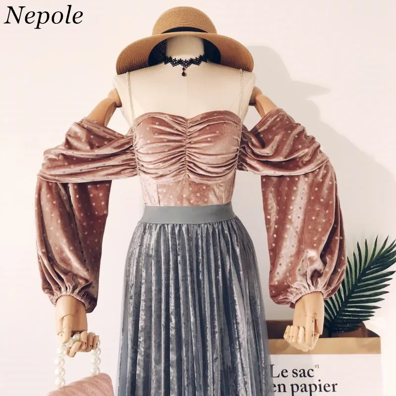 

Neploe Sexy Strapless Slash Neck Grace Shirt Polka Dot Vintage Women Blusa 2019 Spring Summer Fashion Puff Sleeves Top 69295