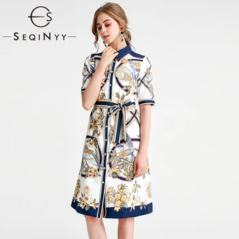 

SEQINYY Shirt Dress 2020 Summer Spring New Fashion Design Short Sleeve Flowers Bird Printed Straight Knee Vintage Dress