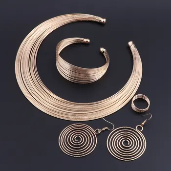 

OEOEOS Women Fashion Gold Color Jewelry Set Multilayer Metal Wire Chokers Necklace Bangle Earring Ring Sets