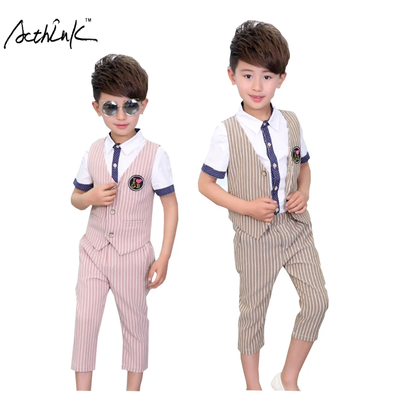 

ActhInK Summer Kids Wedding Striped 2Pcs Vest+Calf-Length Pants for Boys Kids England Style Clothing Set Boys Formal Suit, ZC058