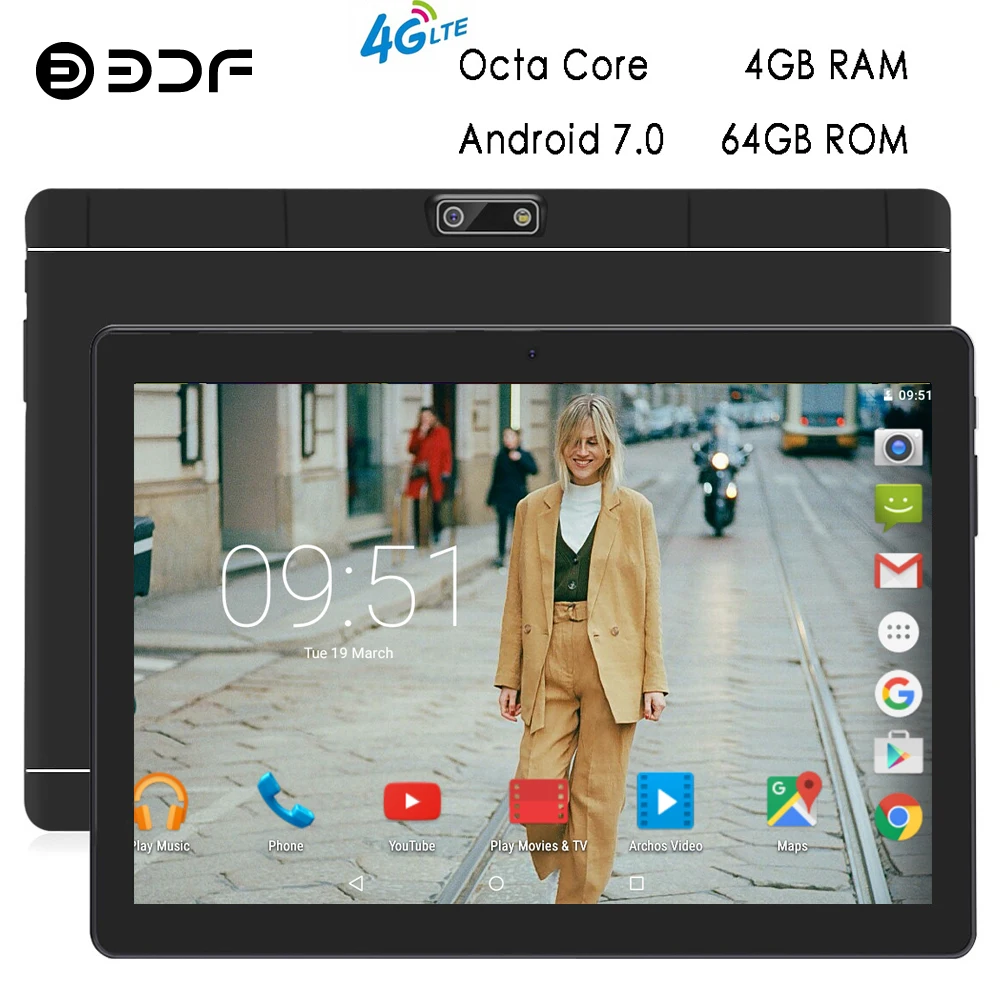 BDF Tablet 10 Inch 4G LTE Tablet Pc 4GB/64GB Android 7.0 Octa Core Tablet Android 1280*800 IPS Tab Dual Camera Pc Tablet 10.1