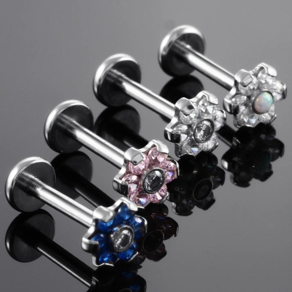 

1PC 16G Steel Internal Thread Flower Top Labret Lip Stud Rings Crystal Lip Piercing Tragus Earring Piercings Sexy Body Jewelry