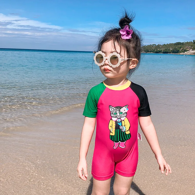 Summer Cartoon Printed Girls Swimsuit Children Sets With Hat For 75-125cm