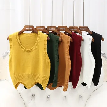 

Women Sleeveless O Neck Knitted Pullover Vest Loose Women Sweater Fashion Short Girl Vest Sweater